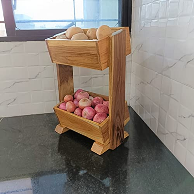 Wisekrafter's Pure Teakwood 2 Tier Stand Kitchen Basket | For Fruits Onion Potato Rack For Kitchen | Vegetable Stand For Kitchen | Handcrafted Rack For Sabji Storage Organiser |kr019|