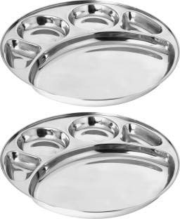  Kitchen Expert Stainless Steel Round Dinner Plate w/ 4 Sections Divided Mess Trays for Kids Lunch, Camping,