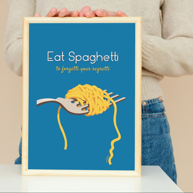 "Eat Spaghetti" Pinewood Kitchen Wall Art Illustration