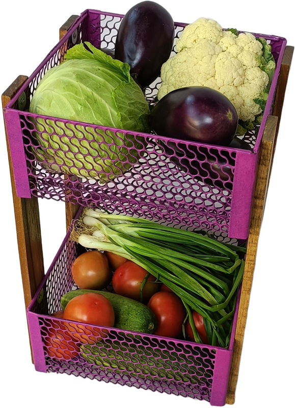 Wisekrafter's Pure Teakwood And Metal 2 Tier Stand Kitchen Basket | For Fruits Onion Potato Rack For Kitchen | Vegetable Stand For Kitchen | Handcrafted Rack For Sabji Storage Kr028